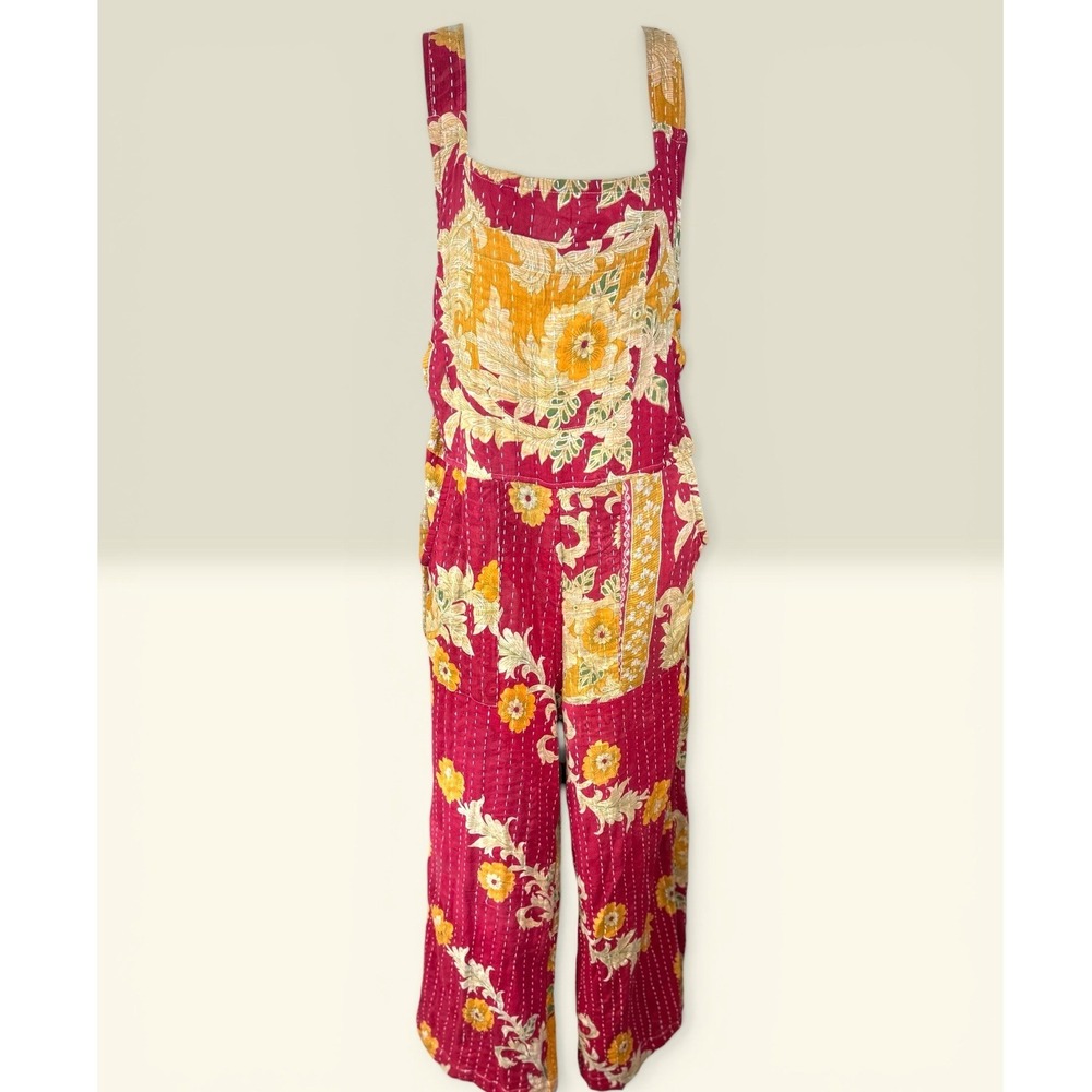 Kantha Karma NWOT Quilted Overalls Size L-XL Gold Floral‎ Patchwork Handcrafted